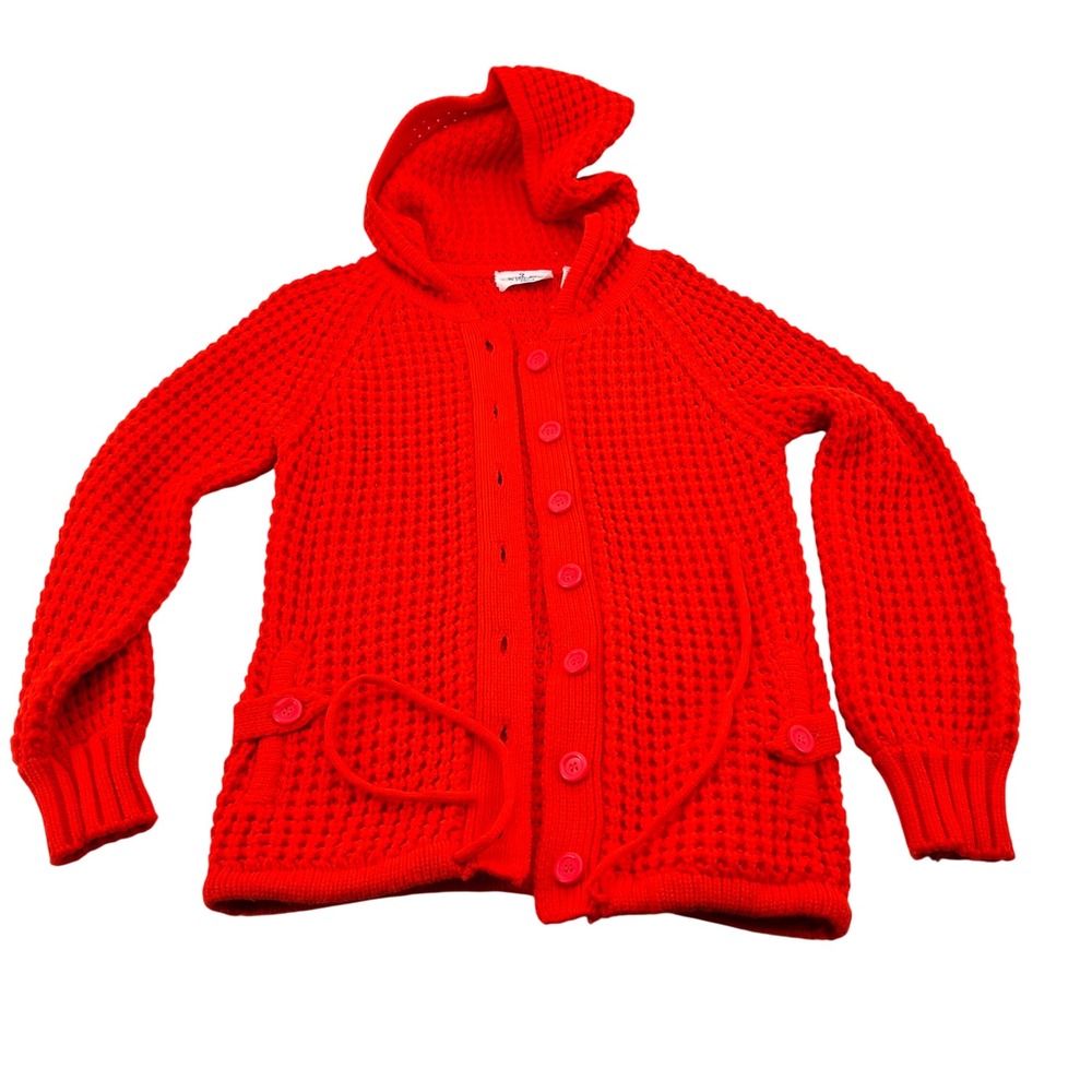 Vintage Riddles by Elliot Red Chunky Waffle‎ Knit Hooded Cardigan Sweater Medium